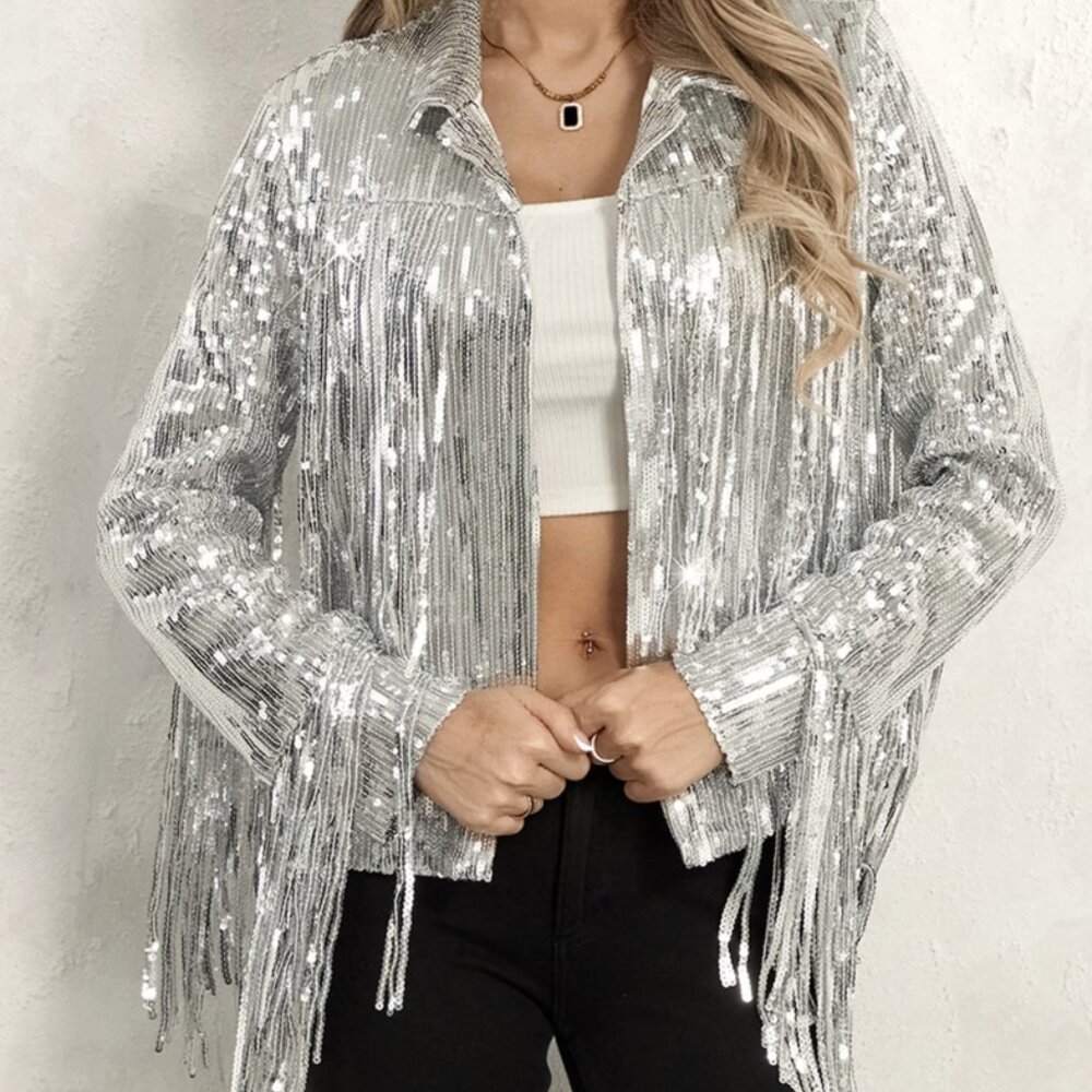 Silver Sequin Fringe Cowgirl Jacket | Size L